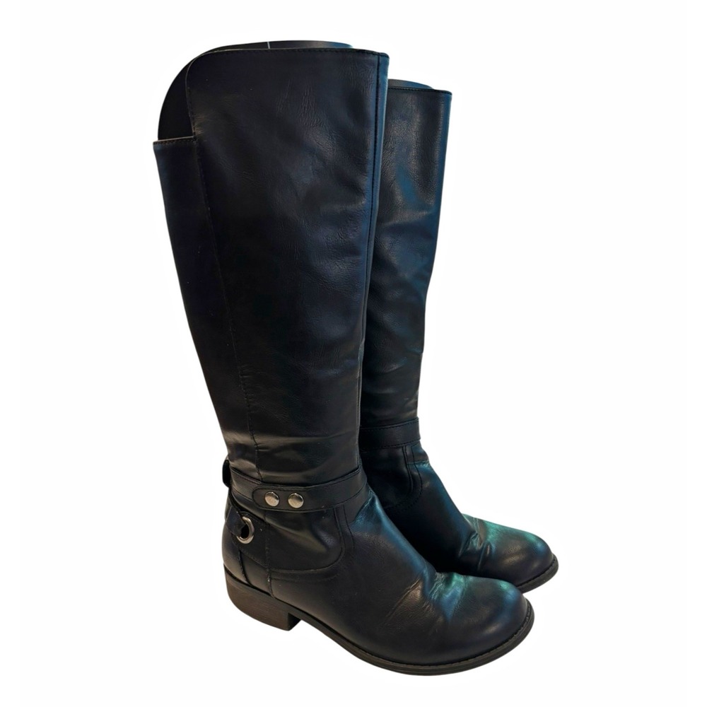 Women's 8 Black Knee High Riding Boots Harness Moto Buckle Equestrian